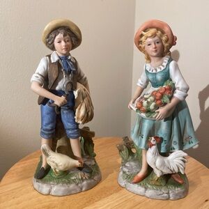 Homco Farm Boy and Girl Figurines with Chickens (set)